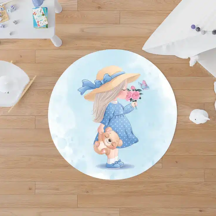 فرش گرد اتاق کودک طرح دخترک و خرس